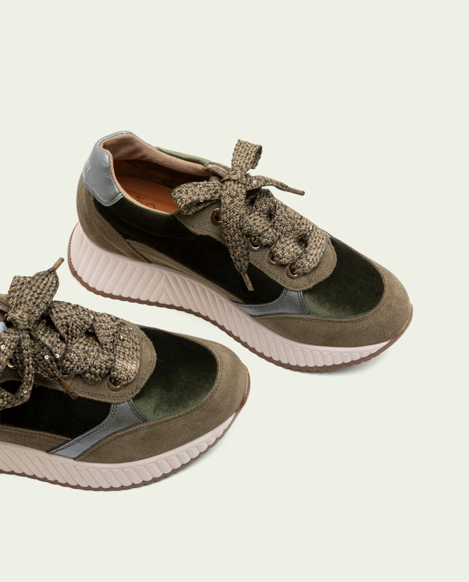 Zoe Khaki Flat Leather and Velvet Sneakers