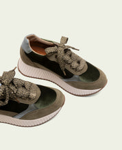 Zoe Khaki Flat Leather and Velvet Sneakers