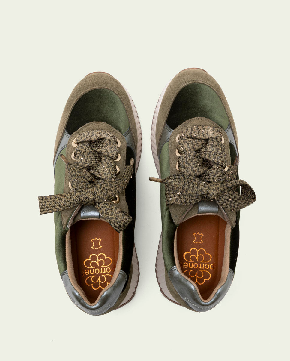 Zoe Khaki Flat Leather and Velvet Sneakers