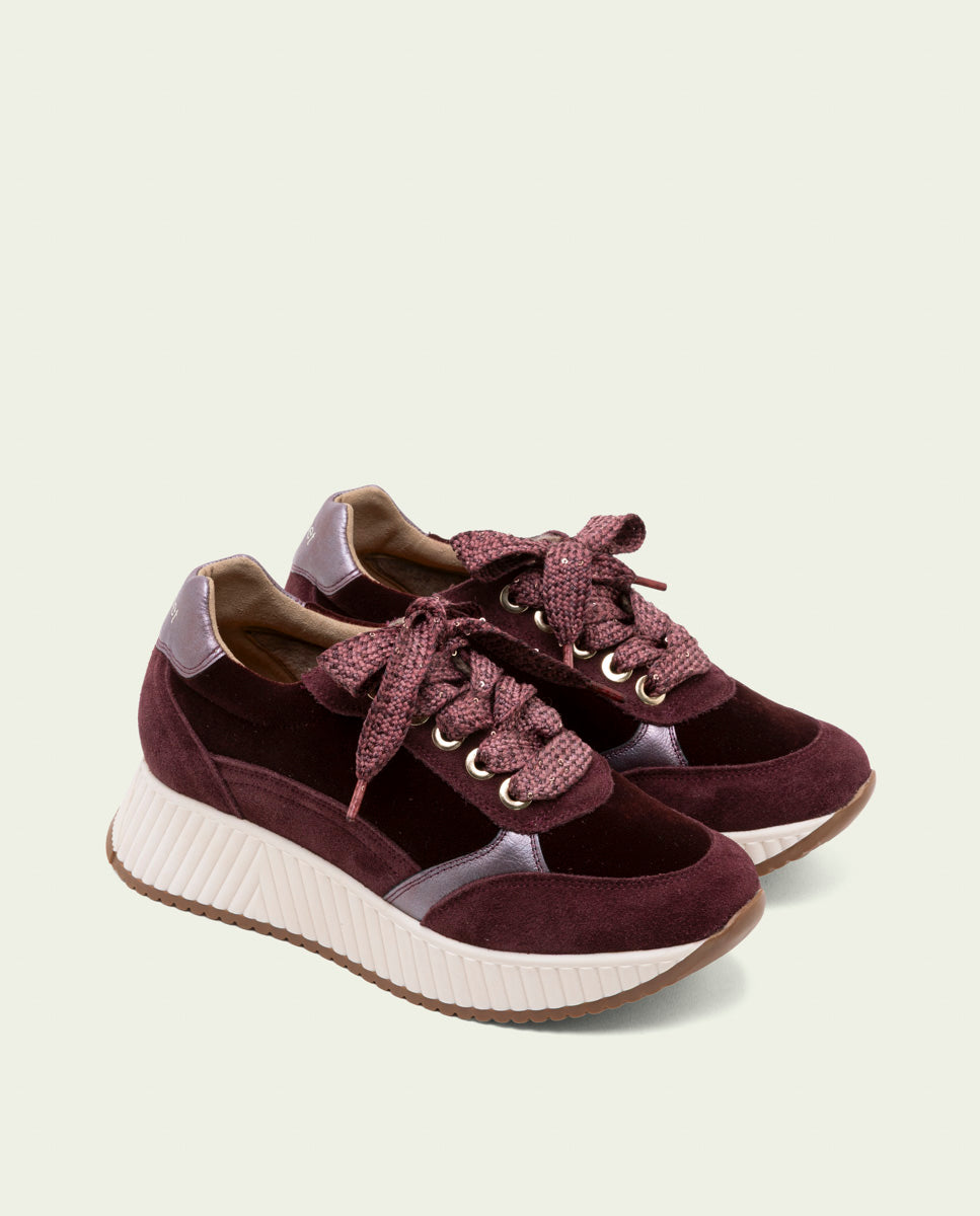 Zoe Bordeaux Flat Leather and Velvet Sneakers