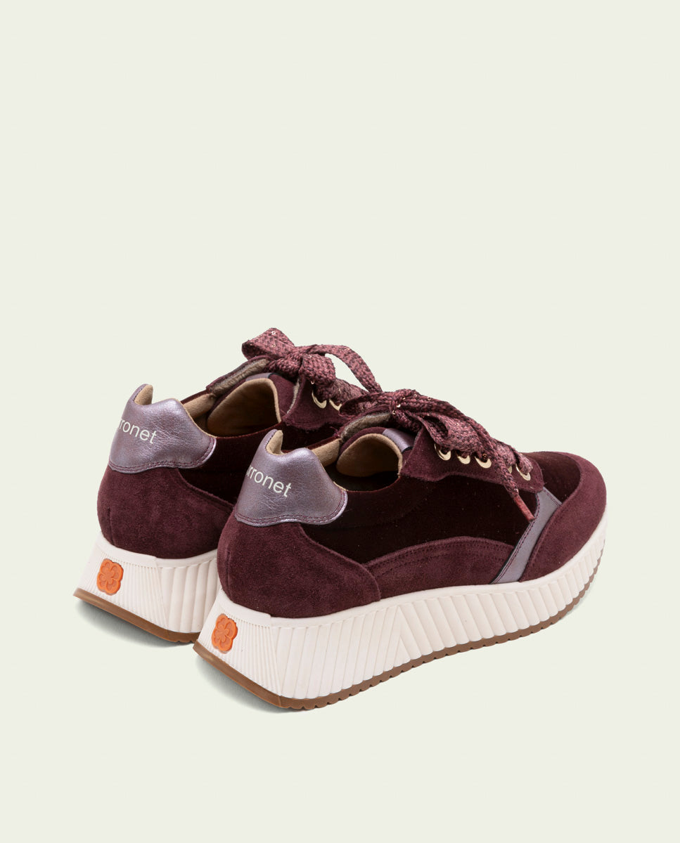 Zoe Bordeaux Flat Leather and Velvet Sneakers