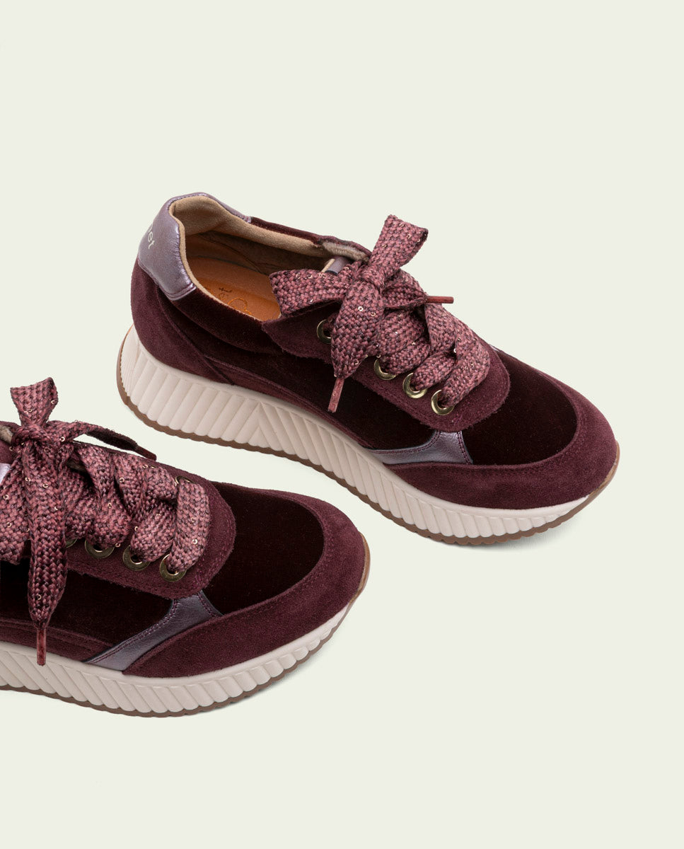 Zoe Bordeaux Flat Leather and Velvet Sneakers