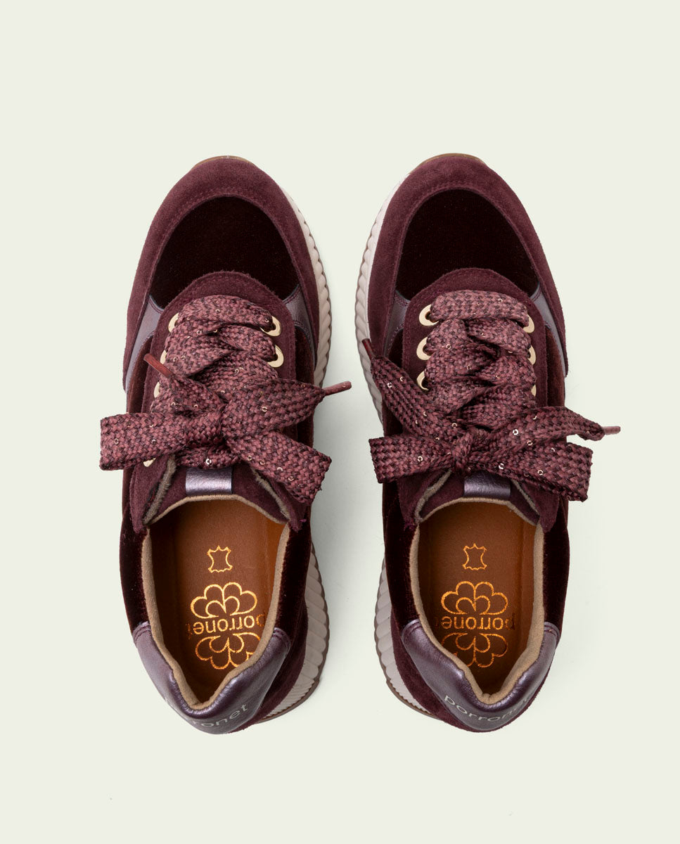 Zoe Bordeaux Flat Leather and Velvet Sneakers