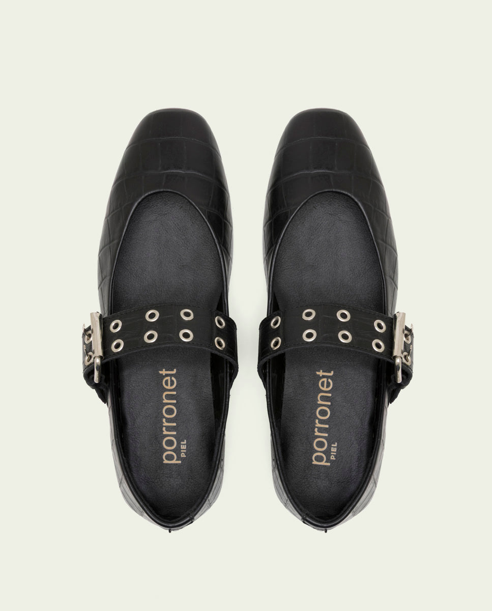 VEGA BLACK LEATHER FLAT BALLET PUMPS