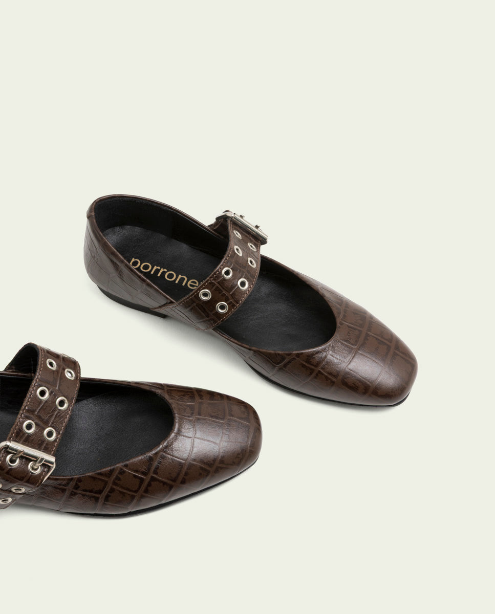 VEGA MOCHA LEATHER FLAT BALLET PUMPS