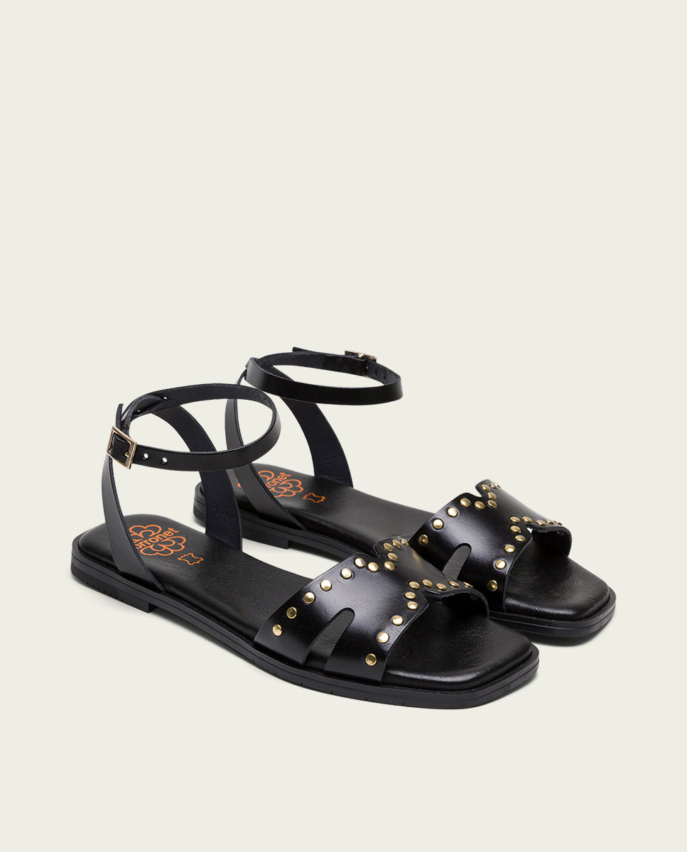 STUDDED BLACK LEATHER FLAT SANDAL VIKA