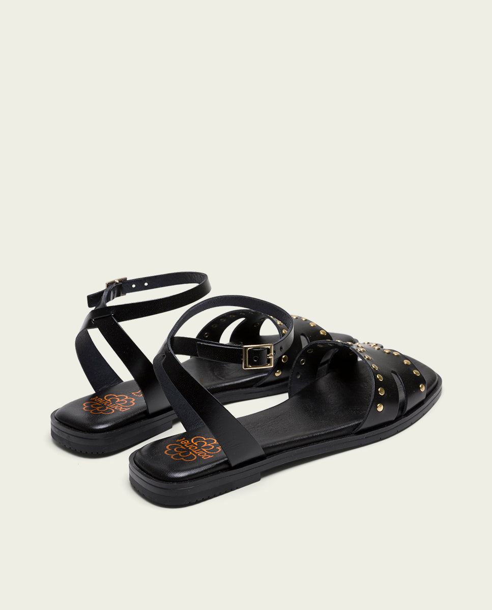 STUDDED BLACK LEATHER FLAT SANDAL VIKA