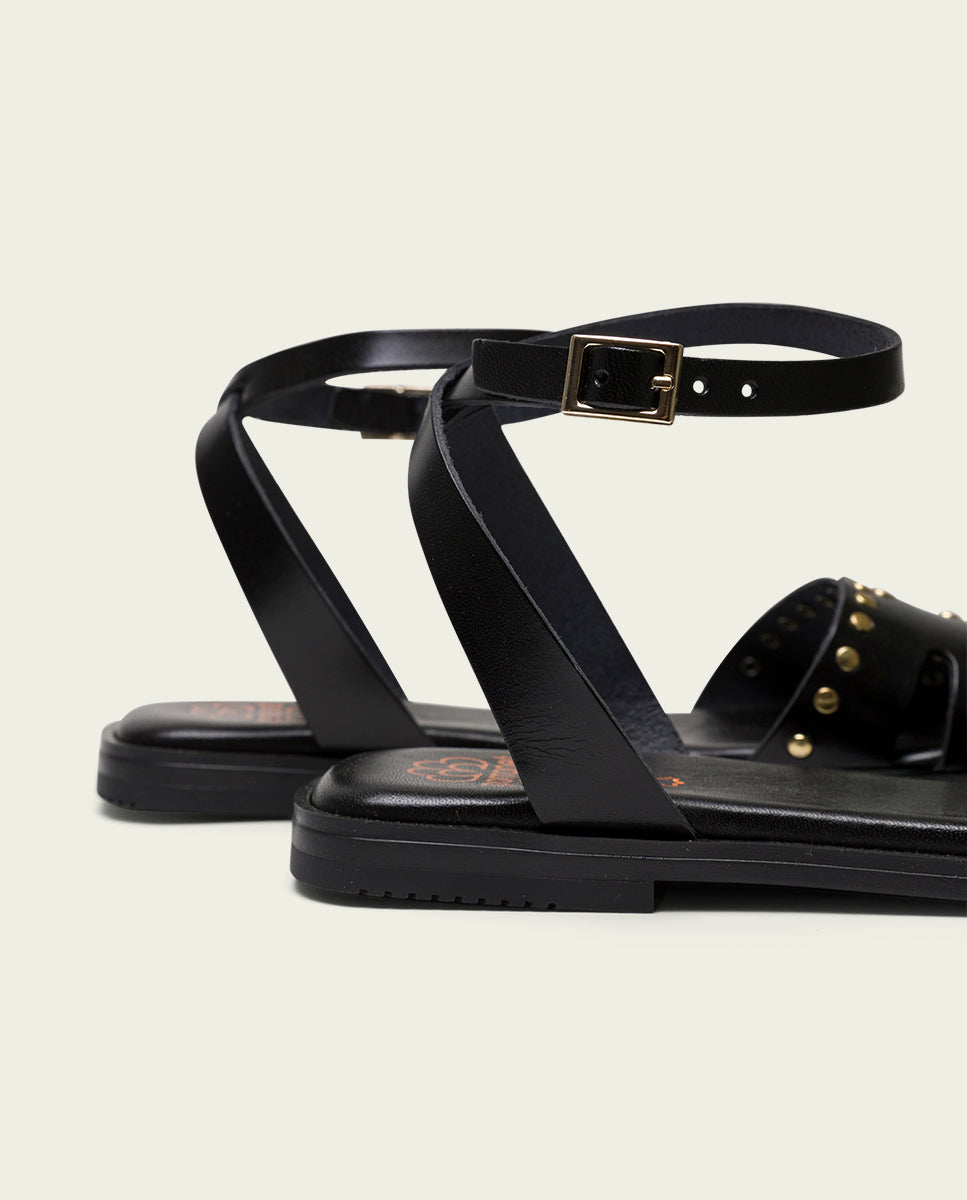 STUDDED BLACK LEATHER FLAT SANDAL VIKA