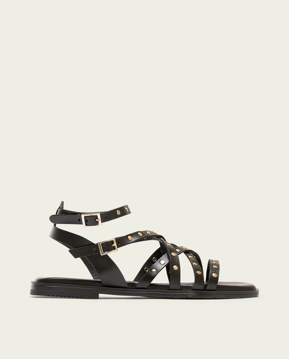 STUDDED BLACK LEATHER FLAT SANDAL VERNA