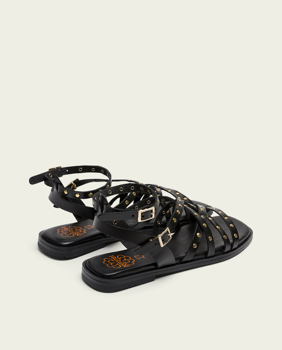 STUDDED BLACK LEATHER FLAT SANDAL VERNA
