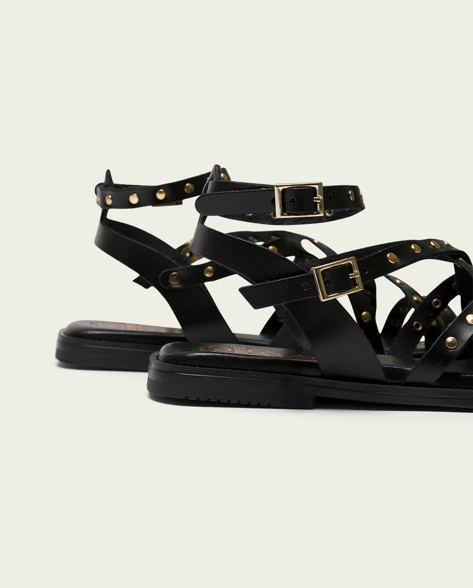 STUDDED BLACK LEATHER FLAT SANDAL VERNA