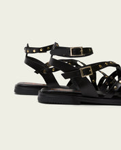 STUDDED BLACK LEATHER FLAT SANDAL VERNA