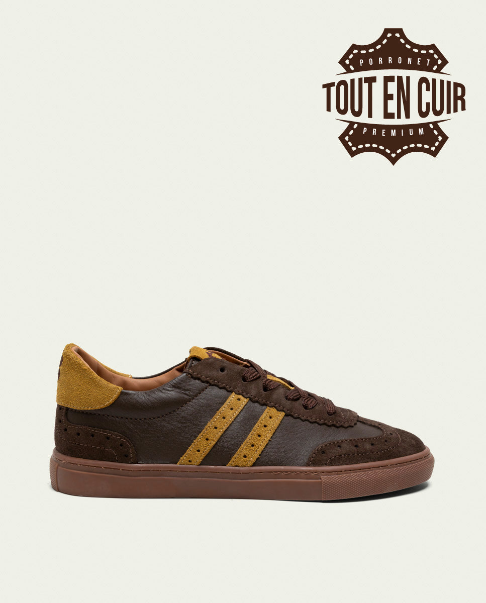 BASKETS SPORT CUIR MOKA ET MOUTARDE MADRID